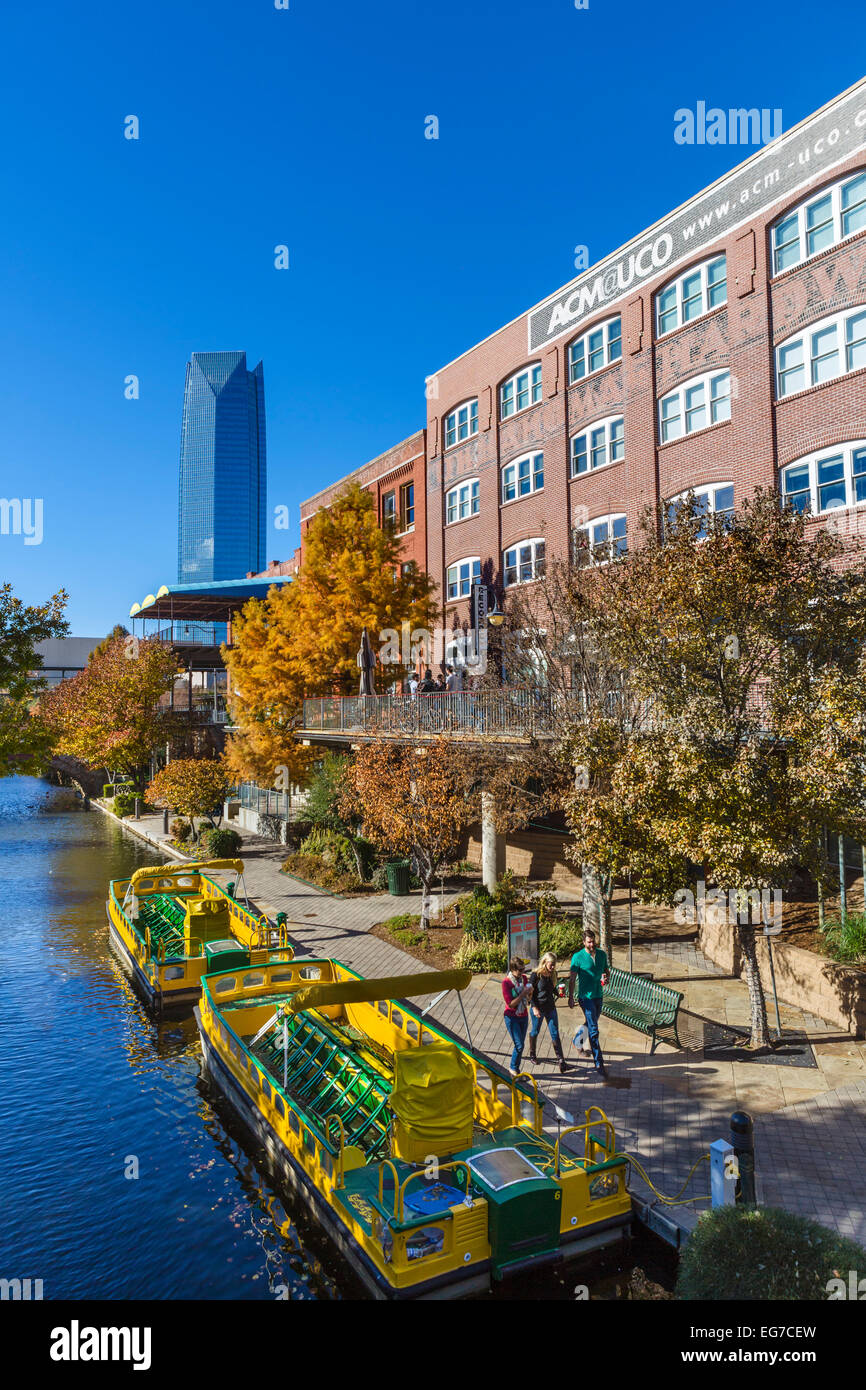 The Bricktown canal, looking towards the Devon Tower, in the historic Bricktown district of Oklahoma City, OK, USA Stock Photo