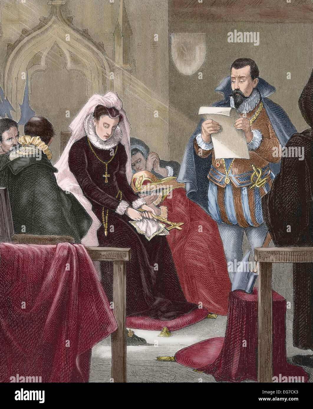 Mary, Queen of Scots (1542-1587) and Queen consort of France. Mary Stuart on the scaffold. Engraving in 'Almanaque de la Ilustracion', 1880. Colored. Stock Photo