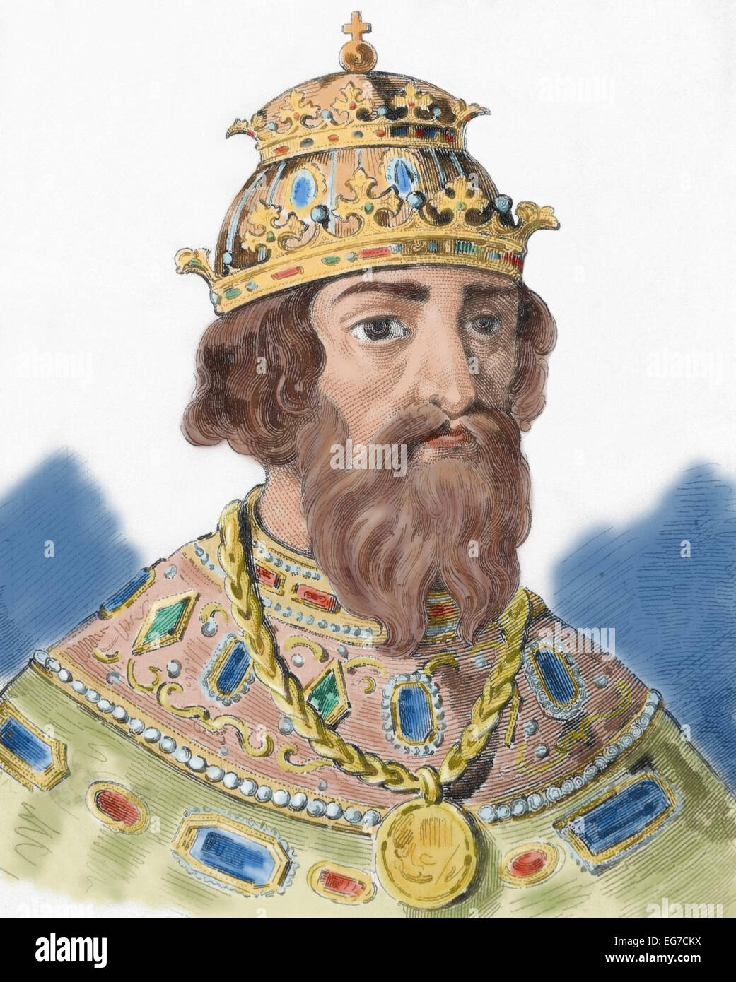 Ivan IV Vasilyevich (1530-1584), known as Ivan the Terrible. Grand Prince of Moscow (1533-1547) and Tsar of All the Russias (1547-1584). Portrait. Engraving. Colored. Stock Photo