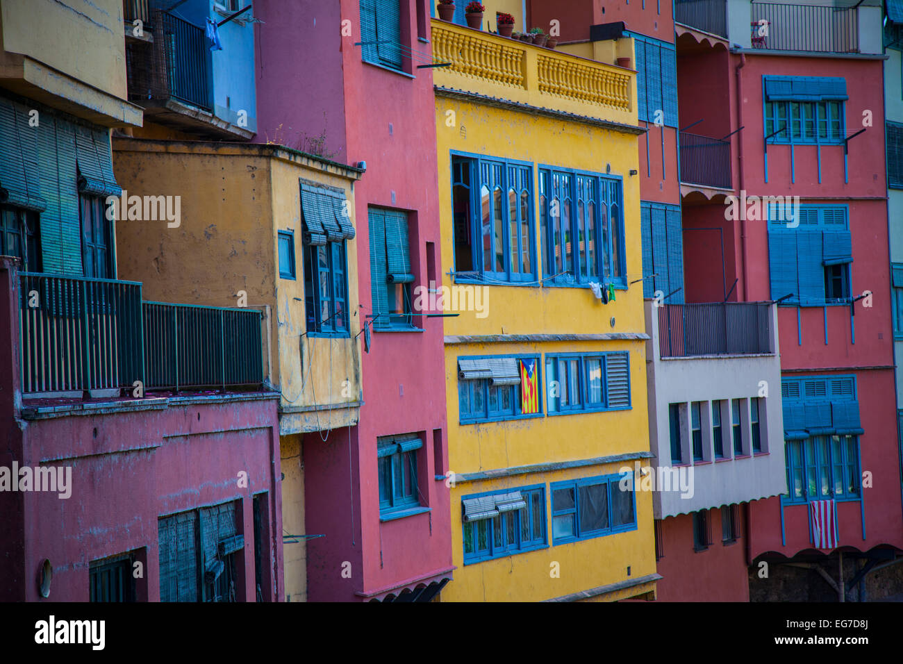 Colorful houses and apartments by the river Onyar in the historic city of Girona, Catalonia, Spain Stock Photo