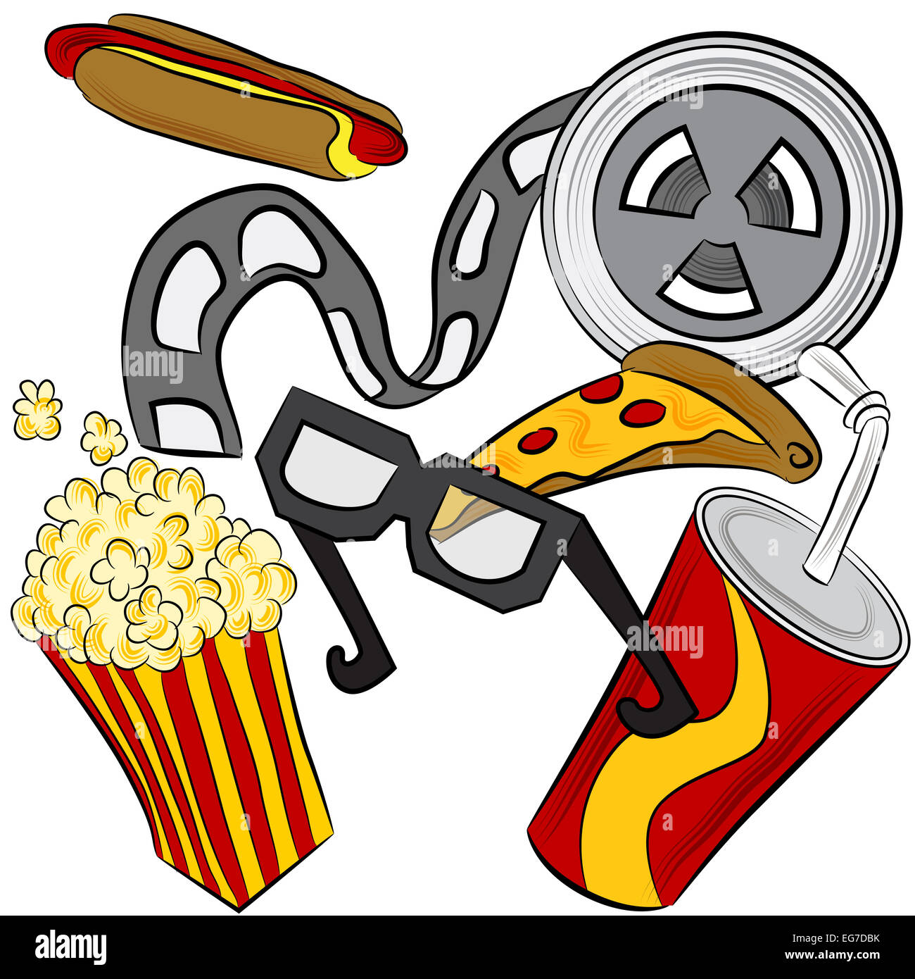 An image of a film reel, 3d glasses and movie theater food. Stock Photo