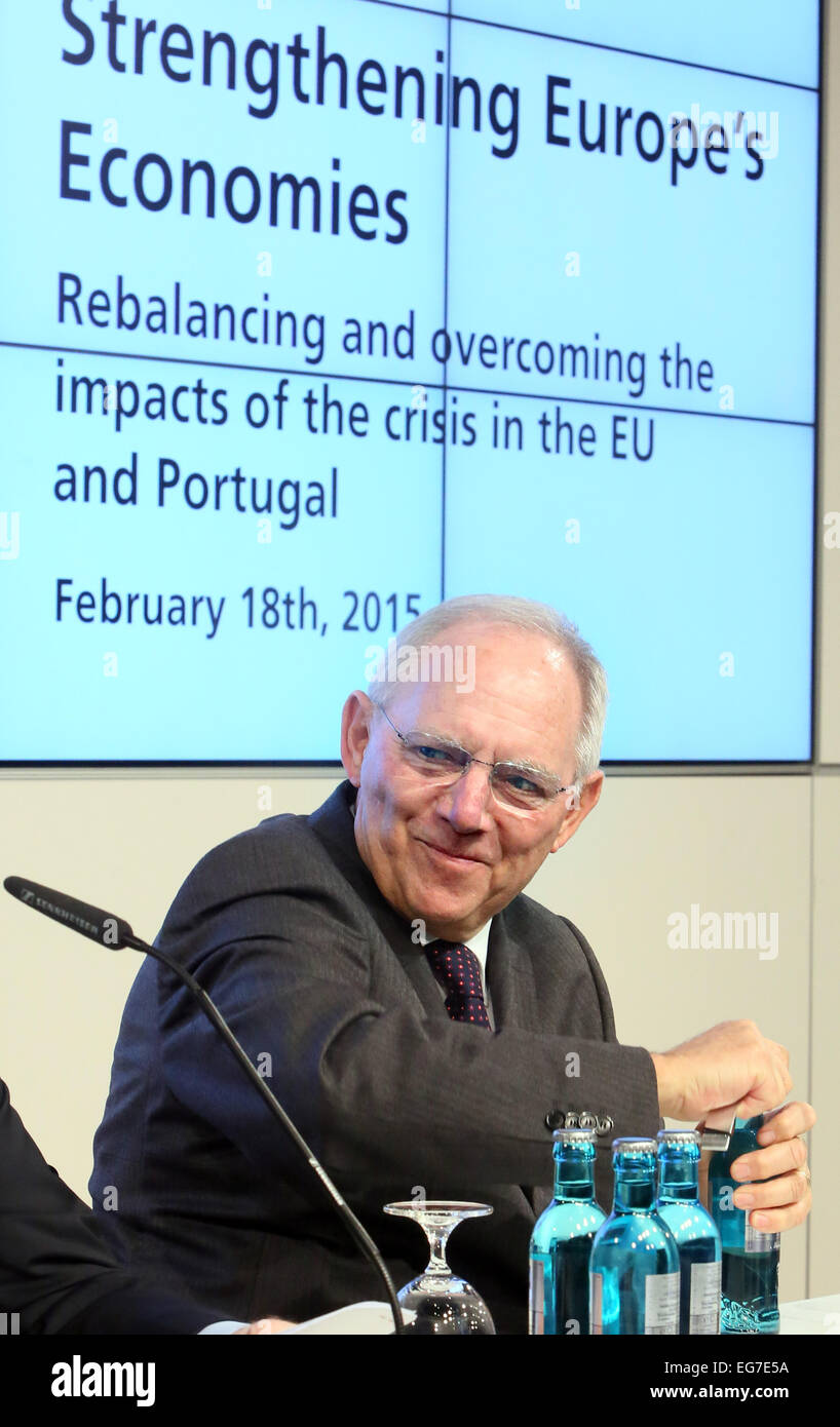 German Minister of Finance Wolfgang Schaeuble (CDU) takes part at a discussion in Berlin, Germany, 18 February 2015. During an event organized by thre Bertelsmann-Foundation and the Portuguese Embassy, strengthening the European economy was debated. PHOTO: STEPHANIE PILICK/dpa Stock Photo
