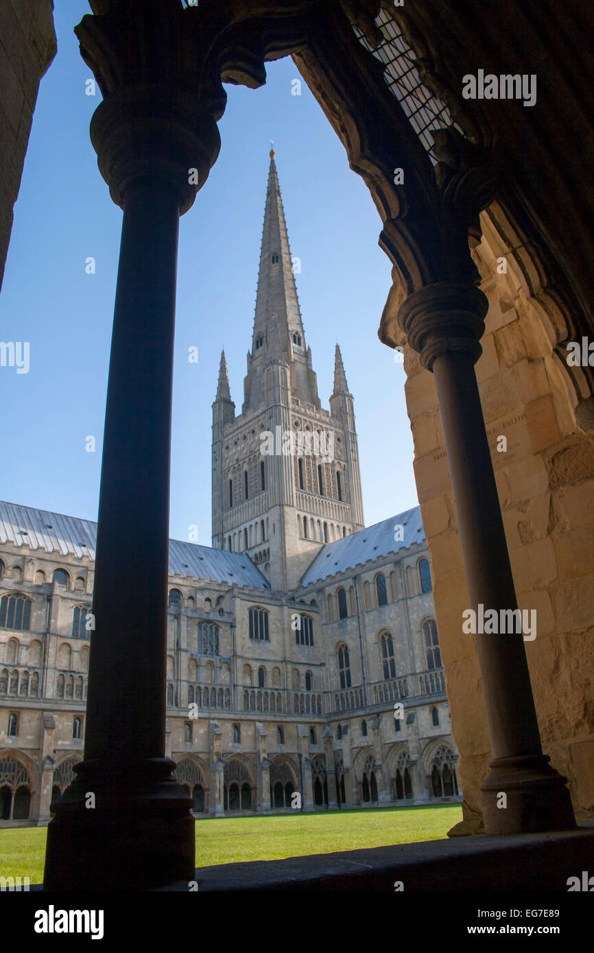 Norwich Cathedral spire from within an archway - Stock Image