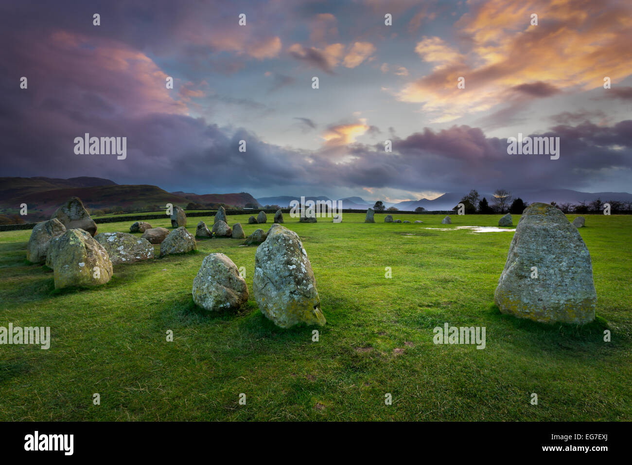 Castlerigg Stone Lake District, Keswick, UK at sunset Stock Photo