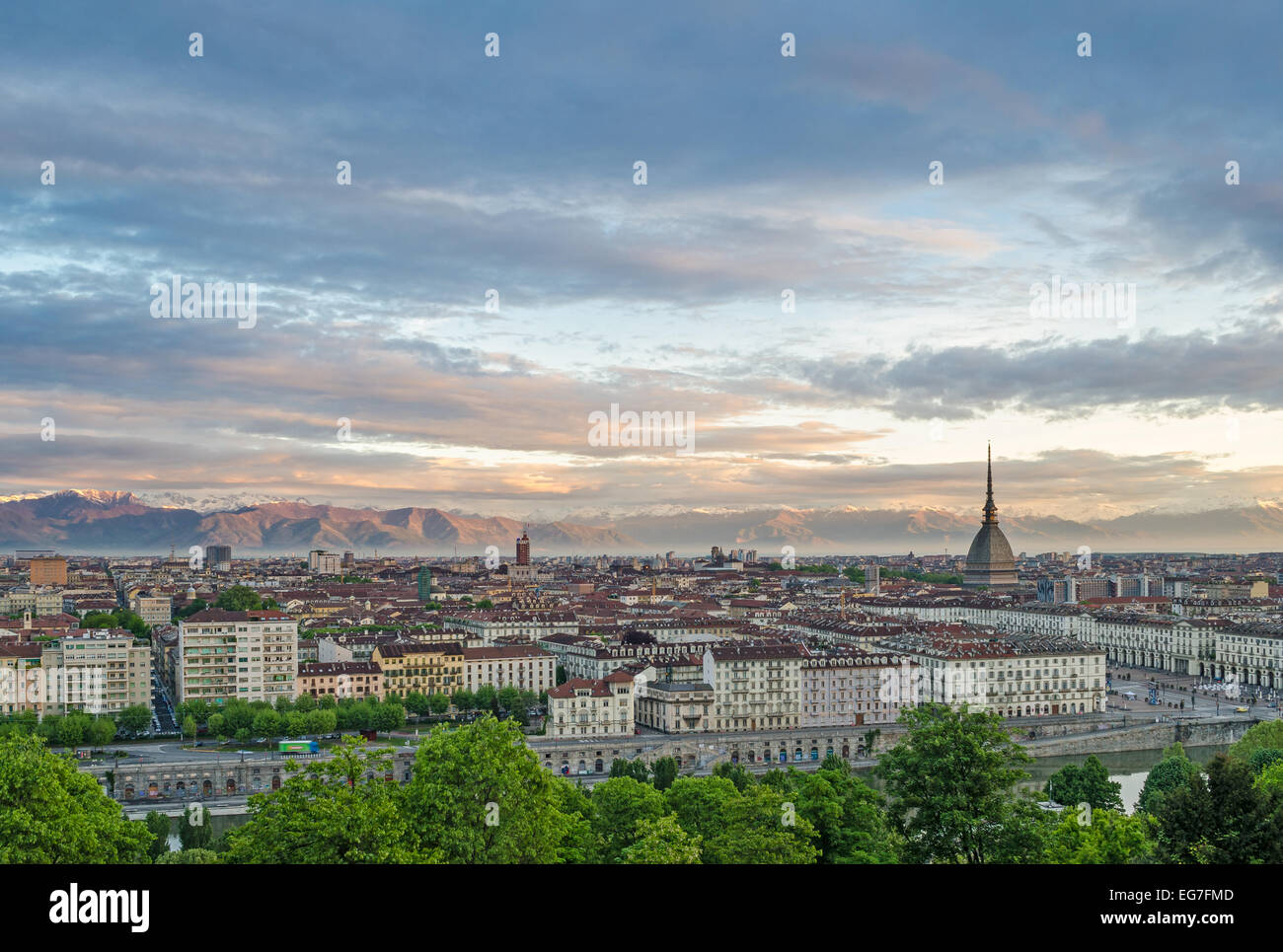 Turin (Torino), panorama at sunrise Stock Photo
