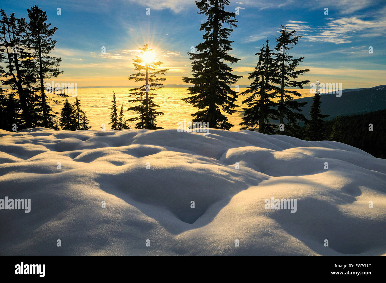 Cloud inversion over Lower Mainland at sunset from Dog Mtn trail, Mount ...