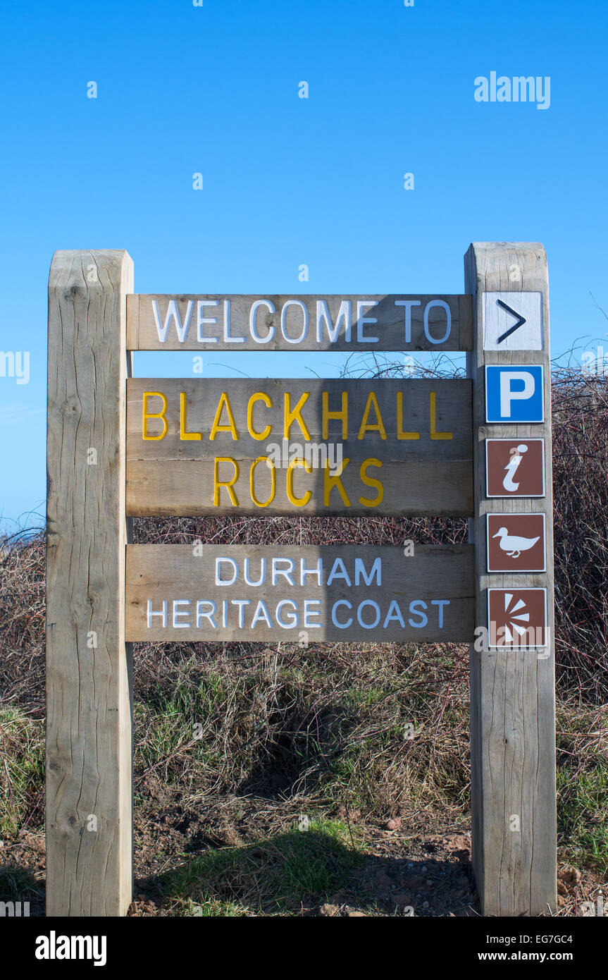 Sign Welcome to Blackhall Rocks , County Durham Heritage Coast, England, UK Stock Photo