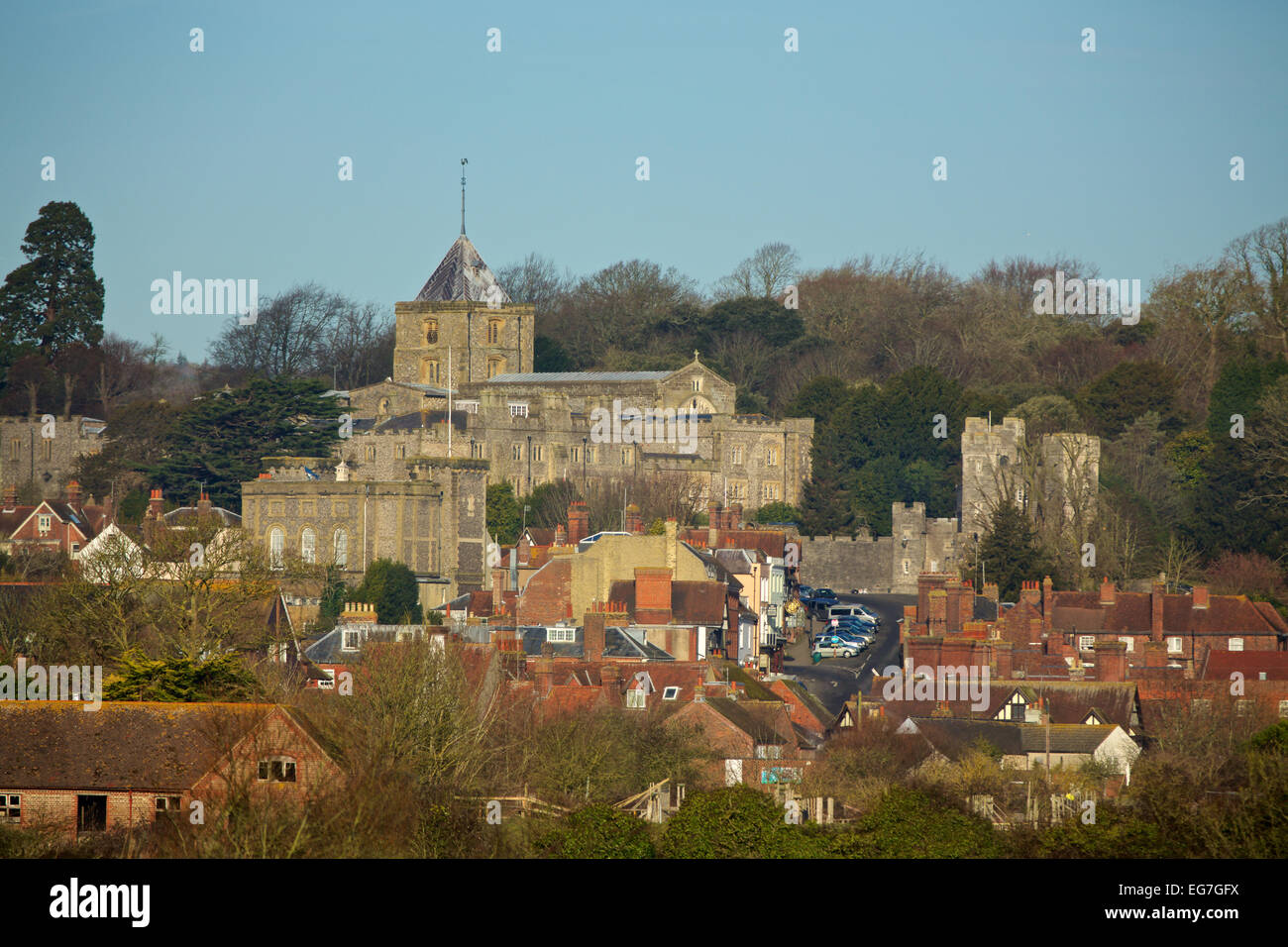 Distant shot of St Nicholas' church in the market town of Arundel West Sussex Stock Photo