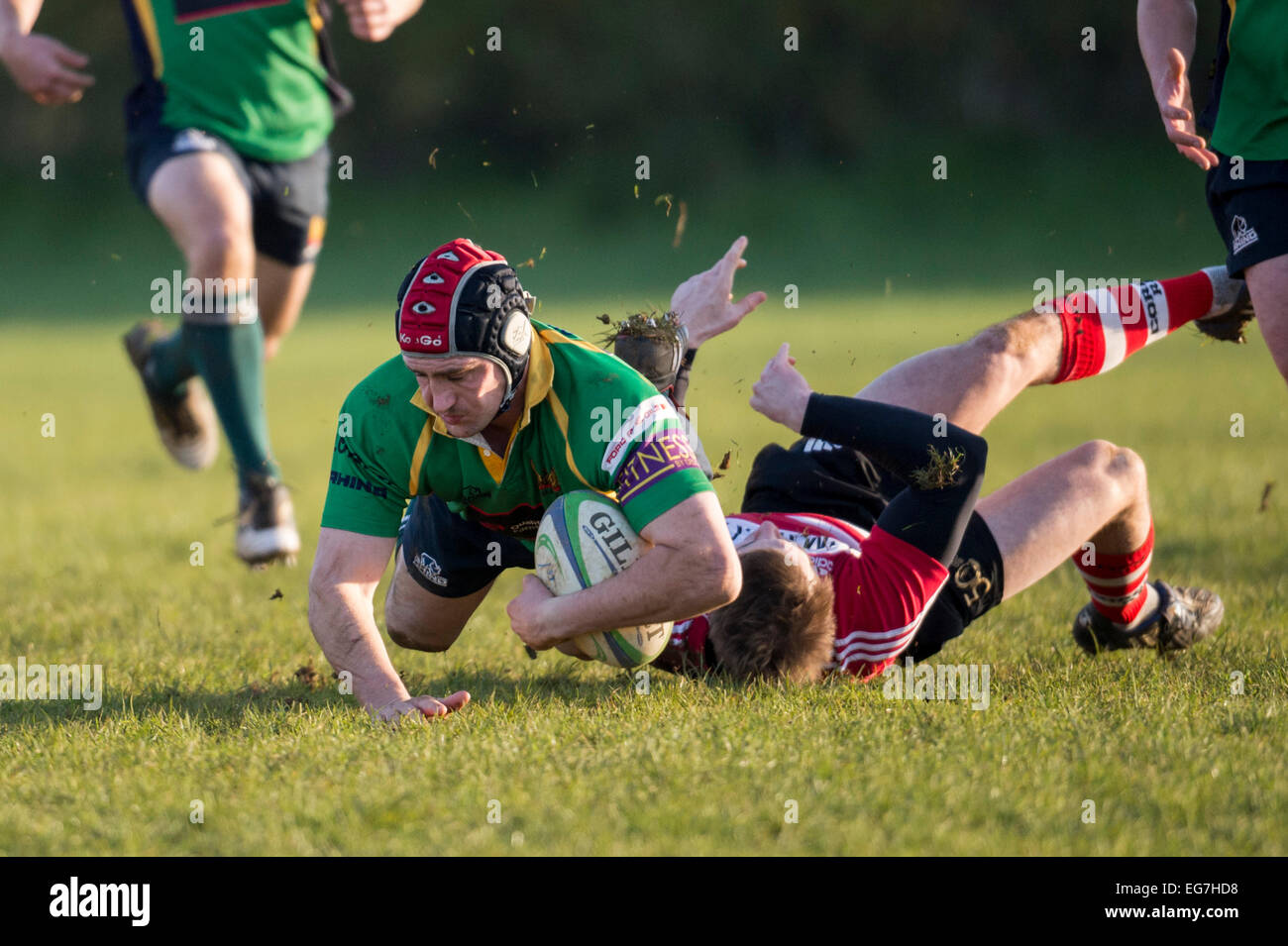 Rugby, player being tackled. Stock Photo