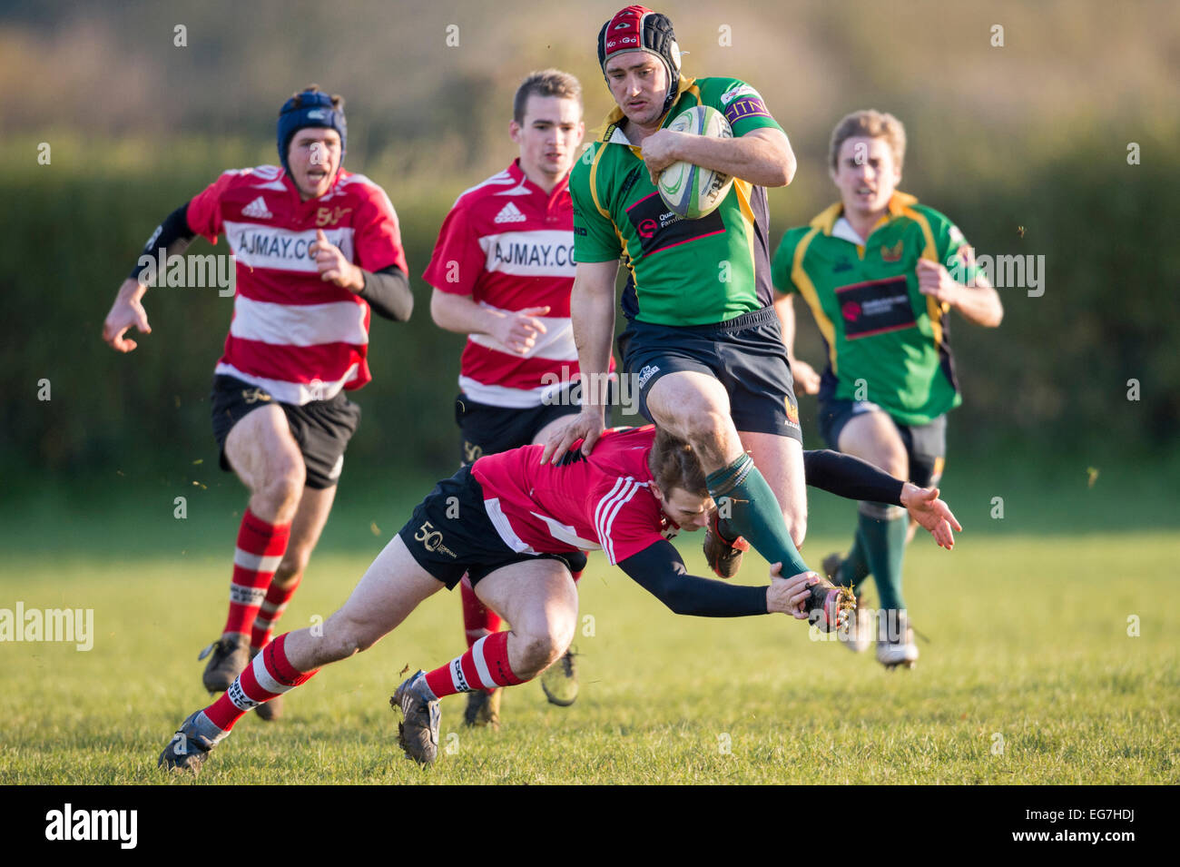 Rugby, player being tackled. Stock Photo