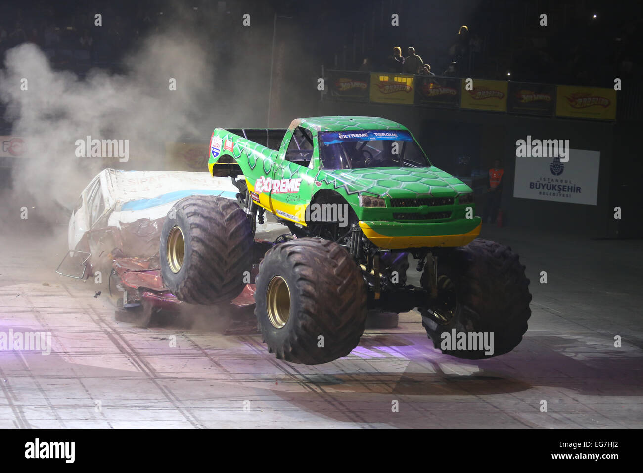 ISTANBUL, TURKEY - FEBRUARY 01, 2015: Monster Truck Extreme Revisited crush to old cars in Sinan Erdem Dome during Monster Hot W Stock Photo