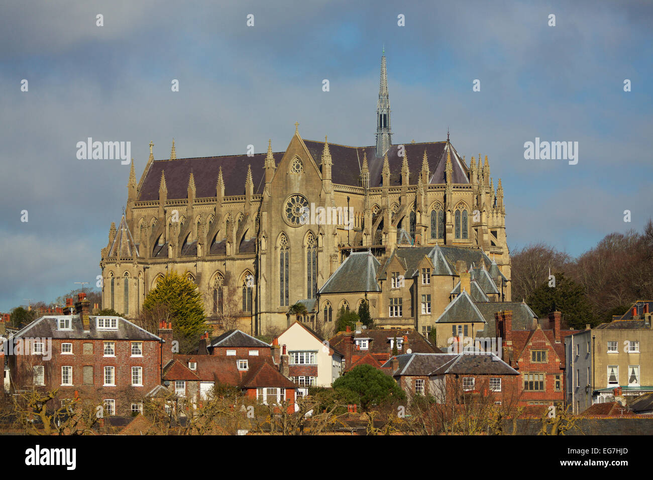 South profile of the Gothic style Arundel Cathedral. Stock Photo