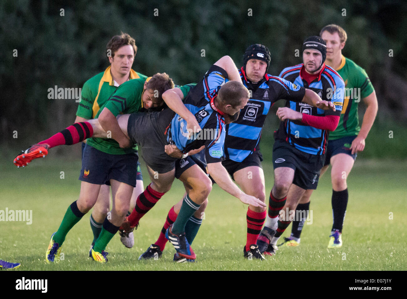 Rugby, player being tackled. Stock Photo