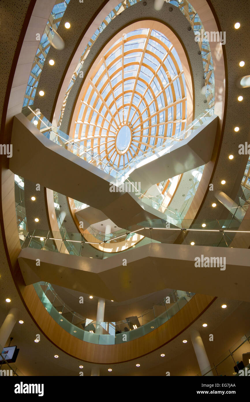 Escalators in Liverpool Central Library, with the glass and  wooden dome at the top. Stock Photo