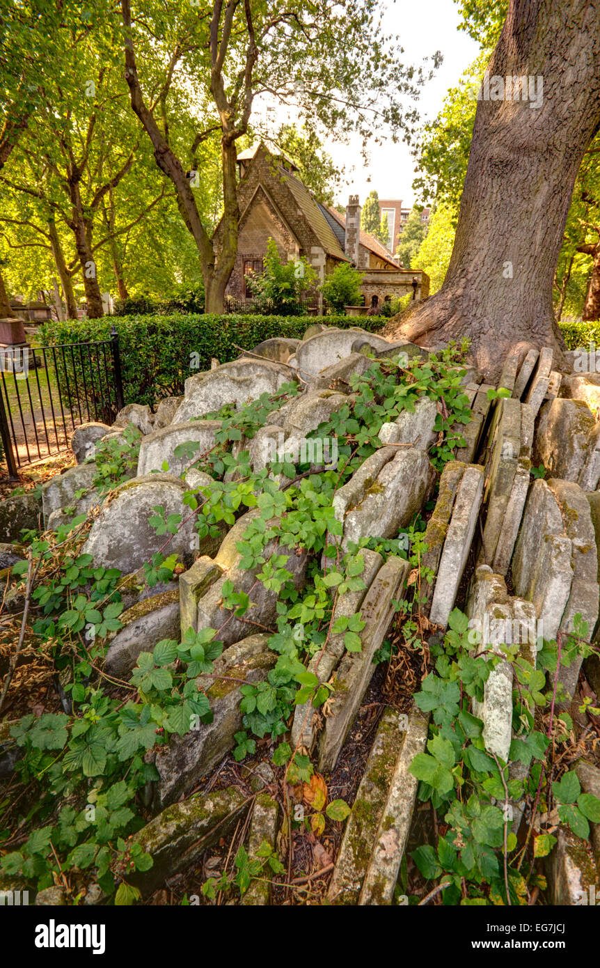 The gravestones rearranged by Thomas Hardy in the church yard of St pancras old church. Stock Photo