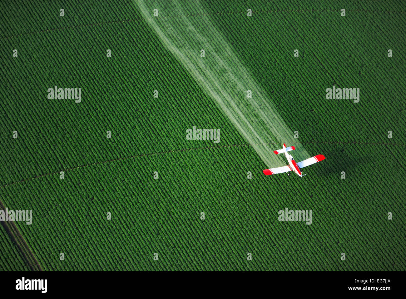 An aerial view of an agricultural crop duster spraying chemicals