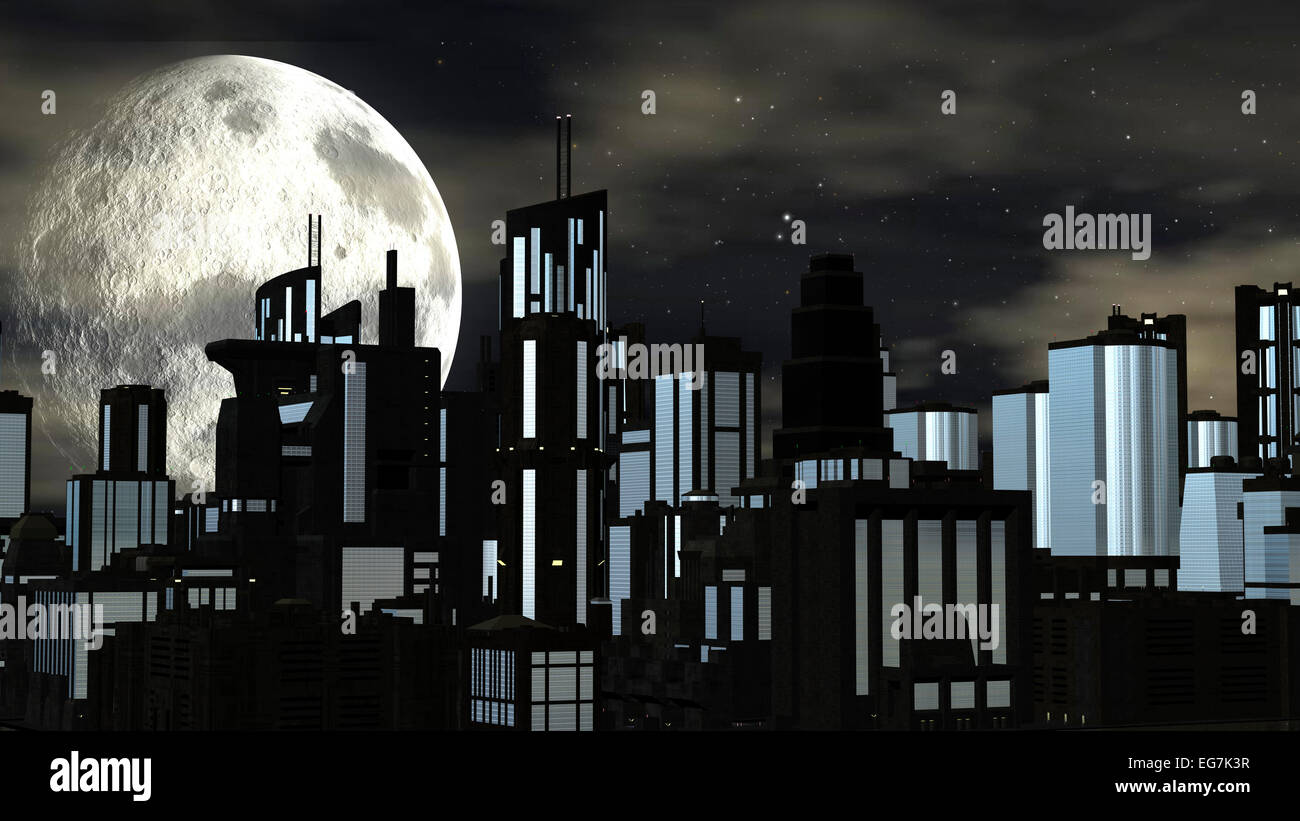 Night futuristic city scene with big moon Stock Photo - Alamy