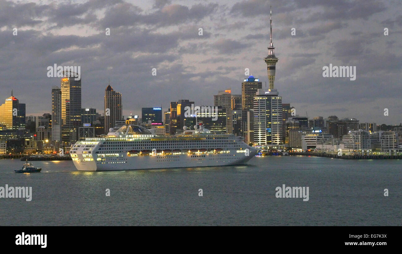 Cruise liner Sun Princess docking in Auckland at dawn, Wednesday February 11, 2015 Stock Photo