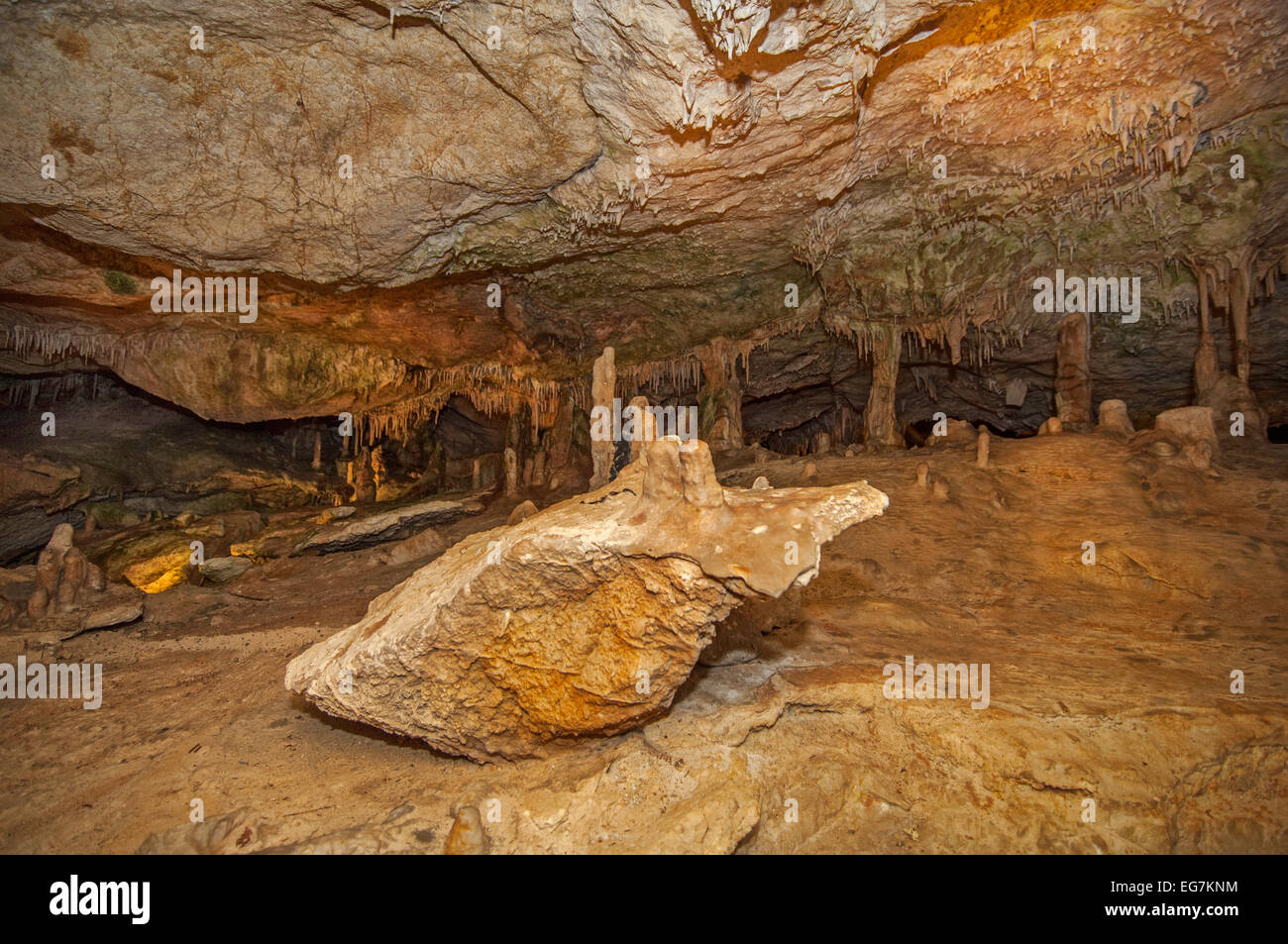 Stalactites and stalagmites in  a limestone cave in Ibiza. Belearic Islands. Stock Photo