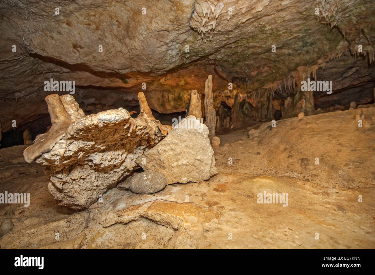 Stalactites And Stalagmites in Limestone Cave, Ibiza Stock Photo