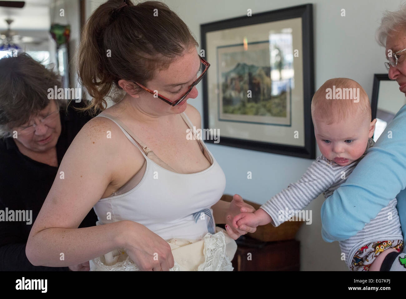 Broomfield, Colorado A 27yearold woman is fitted with a wedding