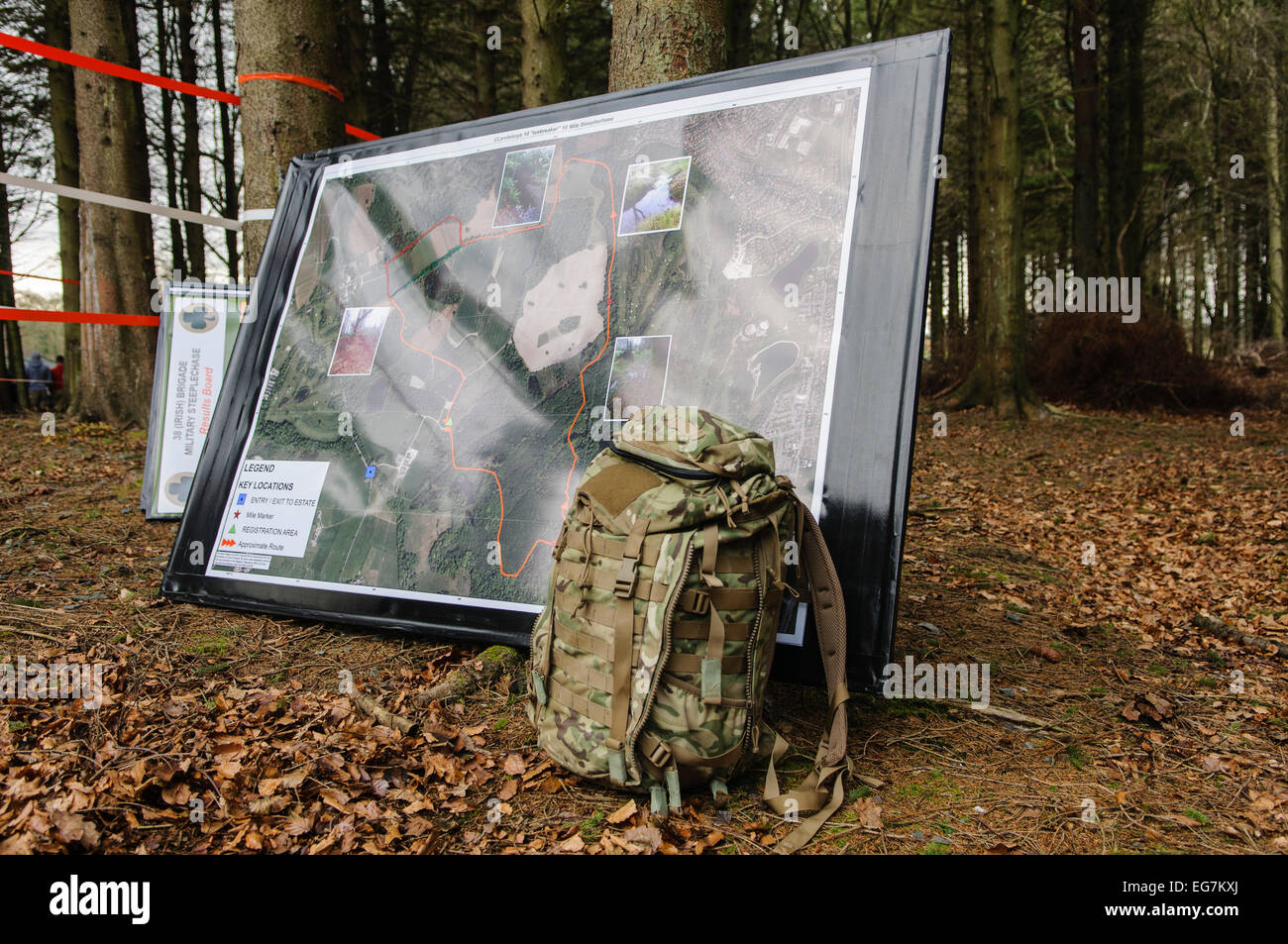 Bangor, Northern Ireland. 18th February, 2015. An army bergen sits in front of a large map in advance of an exercise. Credit:  Stephen Barnes/Alamy Live News Stock Photo