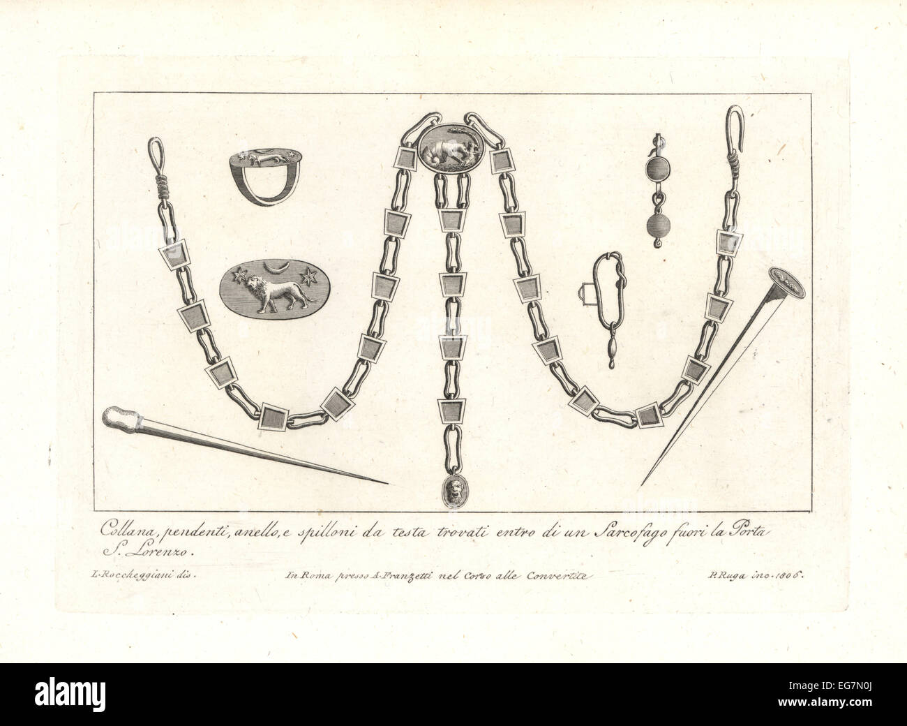 Chain necklace, ring, earrings and pins from a head found in a sarcophagus. Stock Photo
