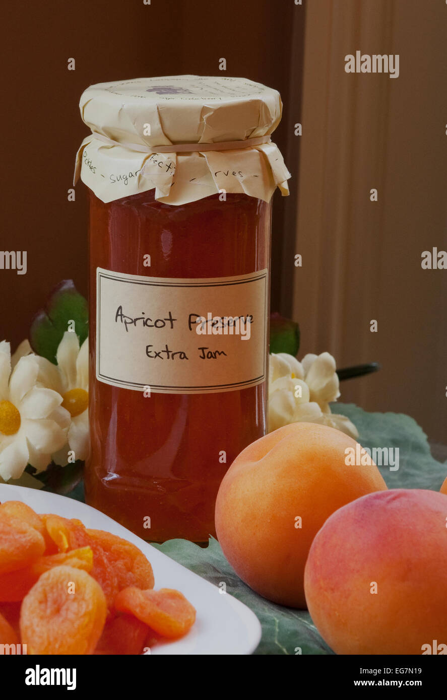 Apricots and Apricot Preserve or Jam , dried, Stock Photo