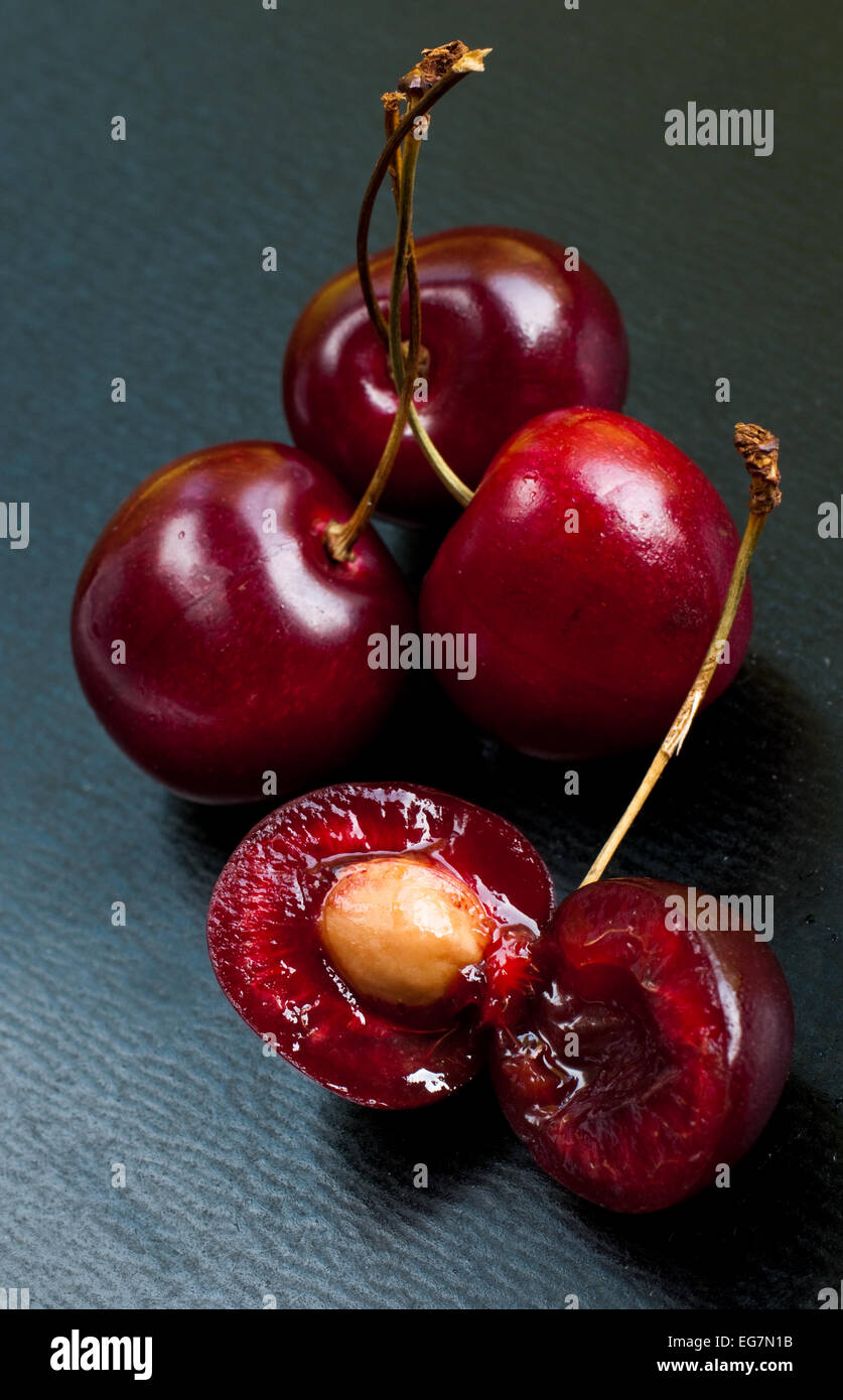Bing Cherry, cluster, cross section Stock Photo