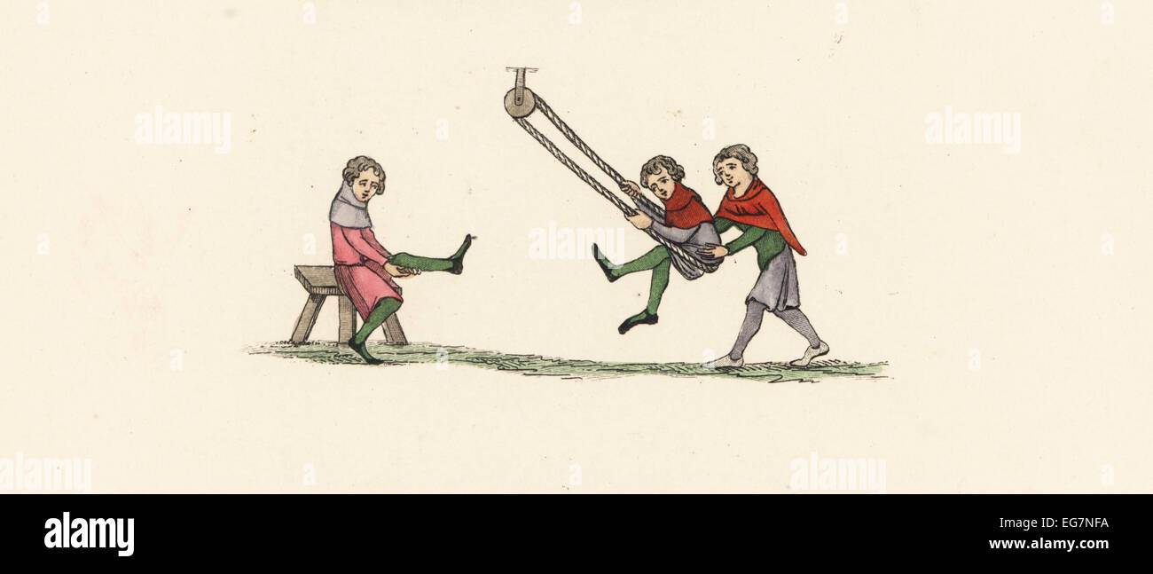 Quintain exercises, 14th century. A man on a swing attempts to unseat a man on a stool with his leg. Stock Photo