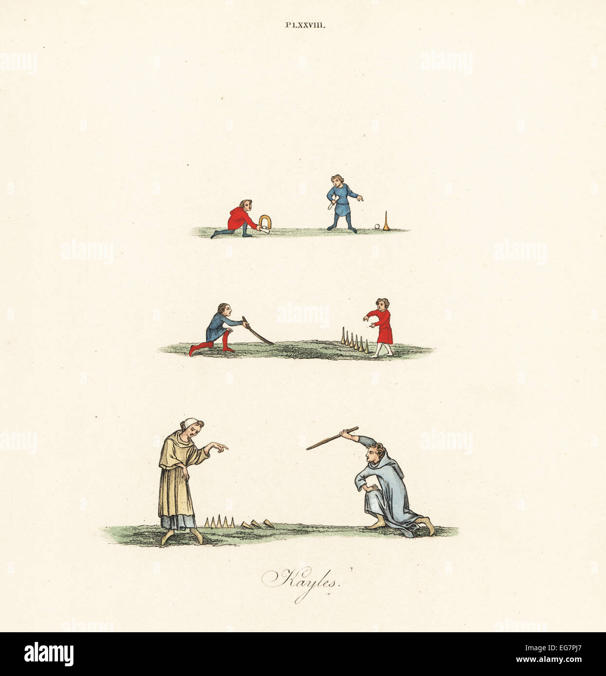 Medieval kayles or skittles. Game played with ball, stick, hoop and target (top), men playing kayles or skittles with stick and six pins (middle), and men playing kayles or skittles with stick and eight pins (bottom). Stock Photo