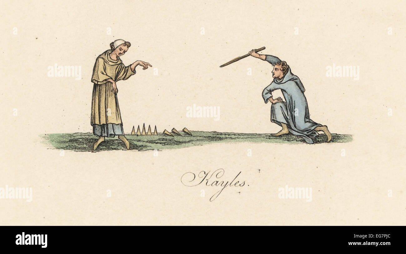 Men playing club kayles or skittles by throwing a club at eight pins (origin of nine-pin bowling), 14th century. Stock Photo