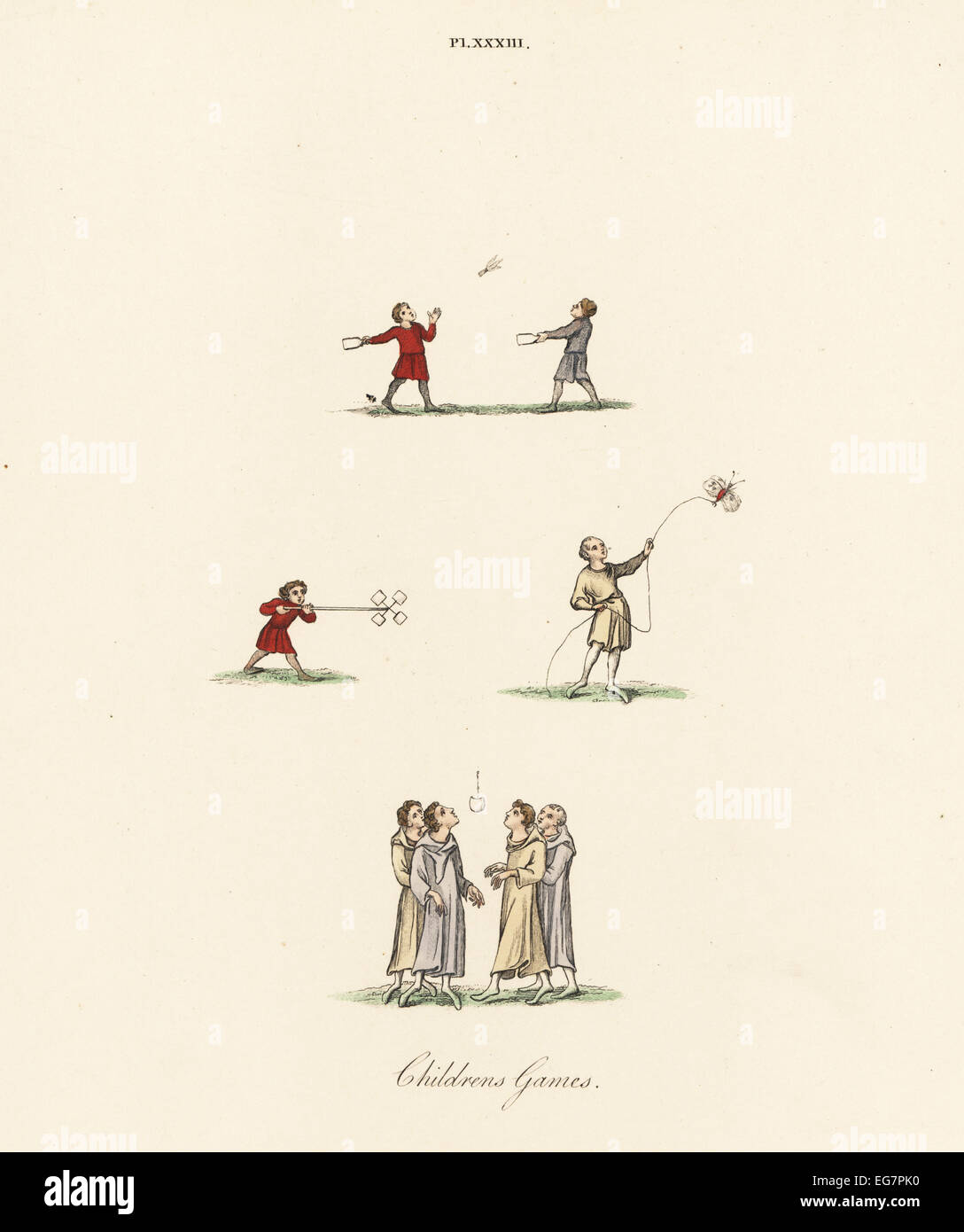 Medieval children's games: badminton, windmill, and bob-cherry. Stock Photo