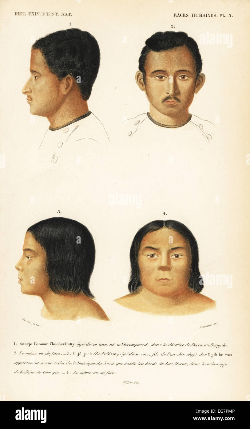 Indian man, Soorjo Coomar Chucherbutty, age 20, from Decca, and U-je-jock or Pelican, age 10, Ojibwe Nation, Lake Huron. Stock Photo