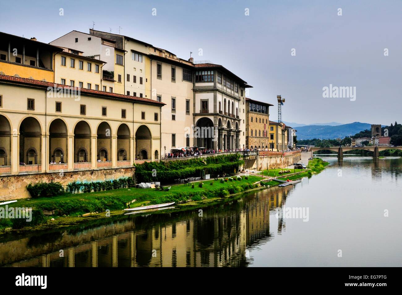 View Along Fiume Arno Towards the Uffizi Gallery-Florence Italy Stock Photo