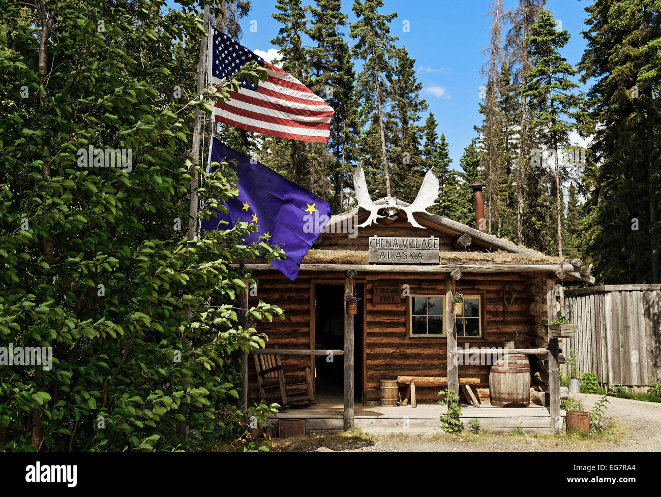 Traditional Athabascan cabin, Chena Indian Village, Alaska, USA Stock