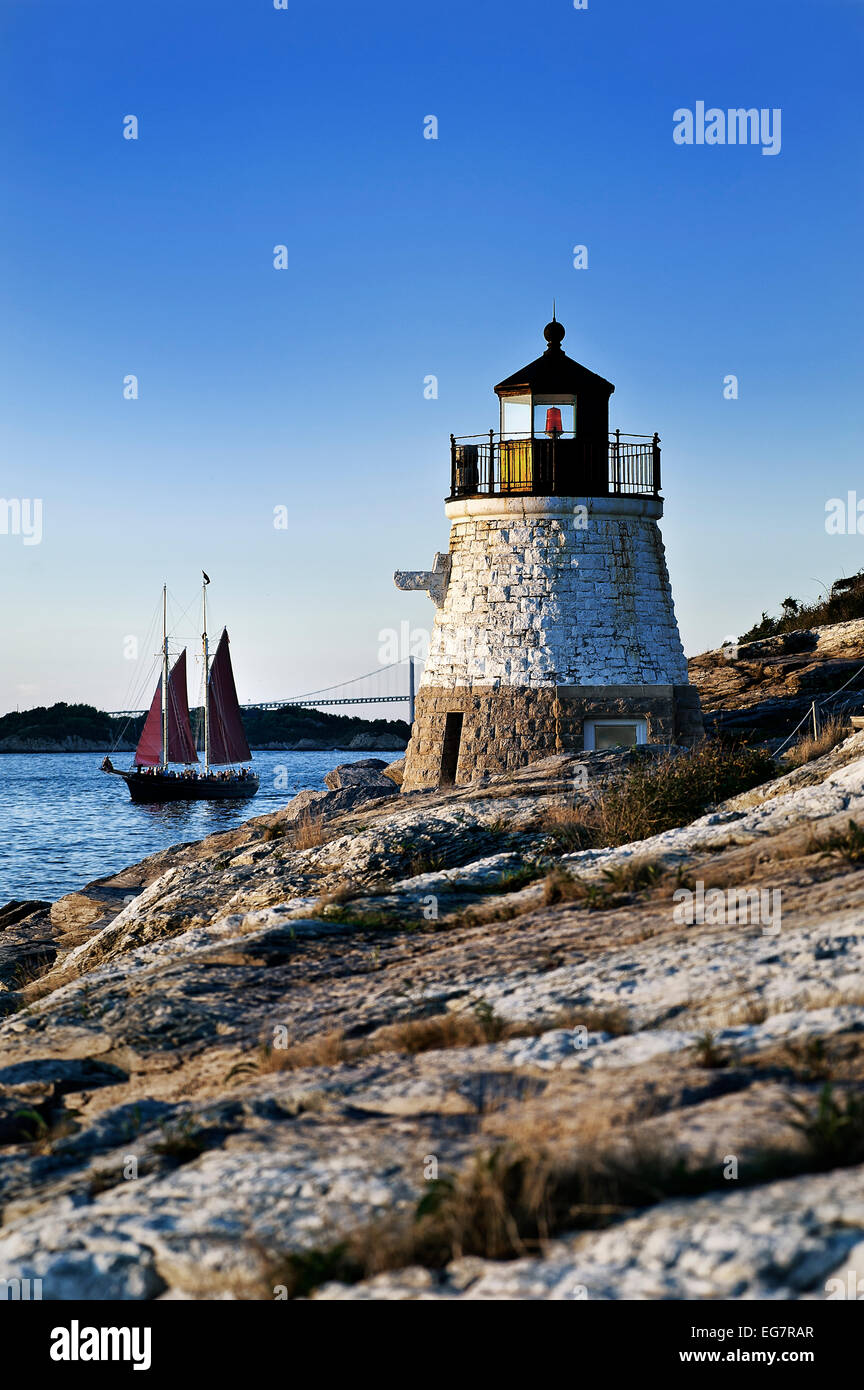 Castle Hill lighthouse overlooking Narragansett Bay, Newport, RI, Rhode Island, USA Stock Photo