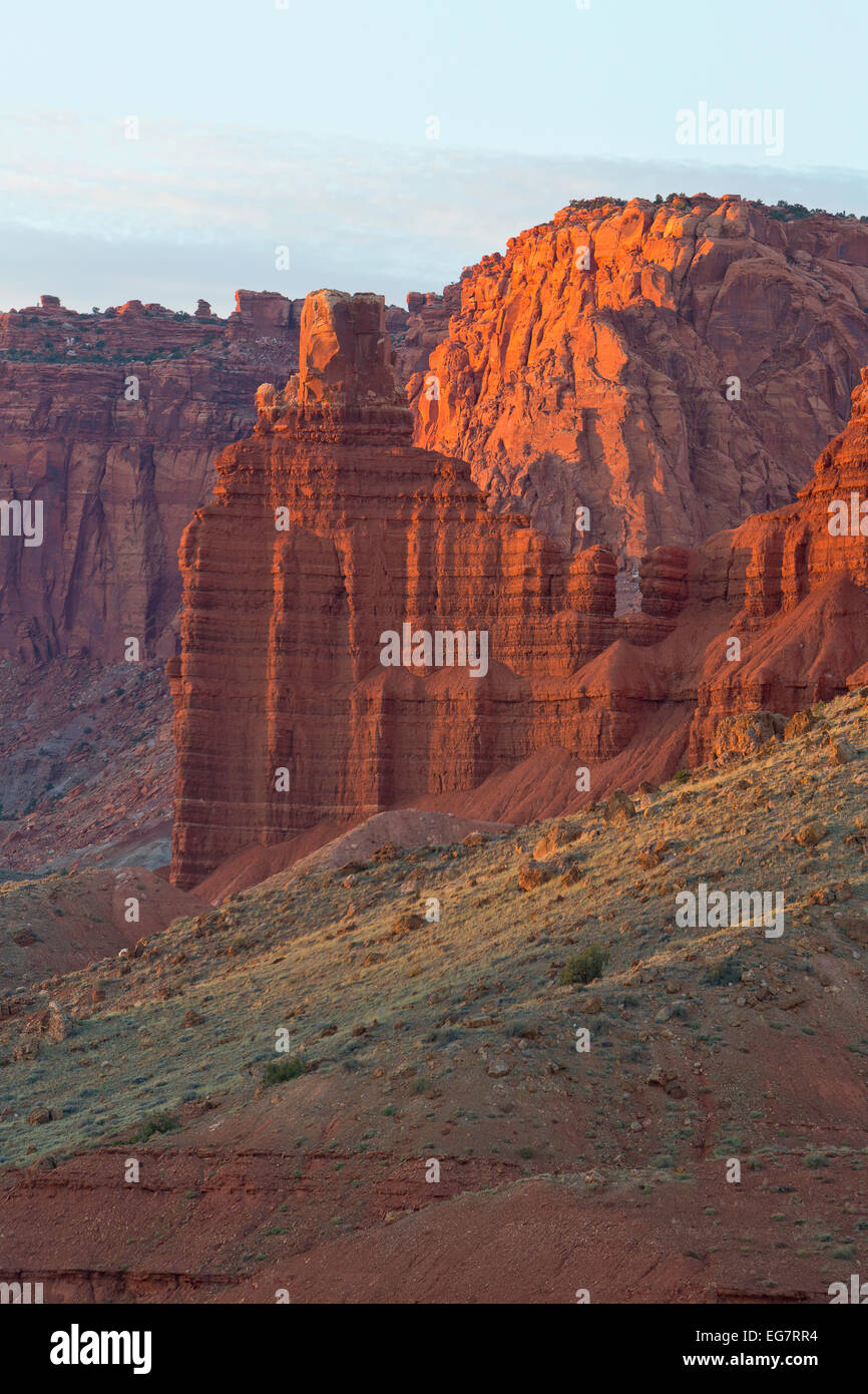 Chimney Rock in Capitol Reef National Park at sunset, Utah, USA. fall Stock Photo