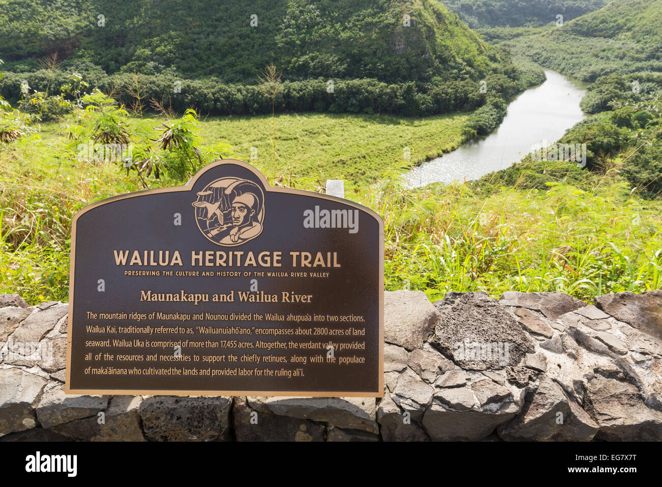 Wailua Heritage Trail sign above Wailua River Kauai, Hawaii Stock
