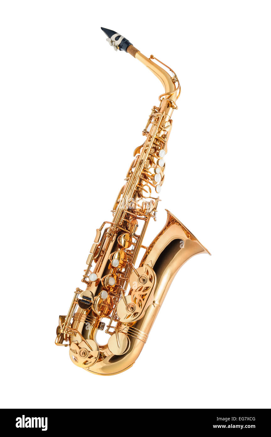 Golden alto saxophone classical instrument isolated on white Stock Photo