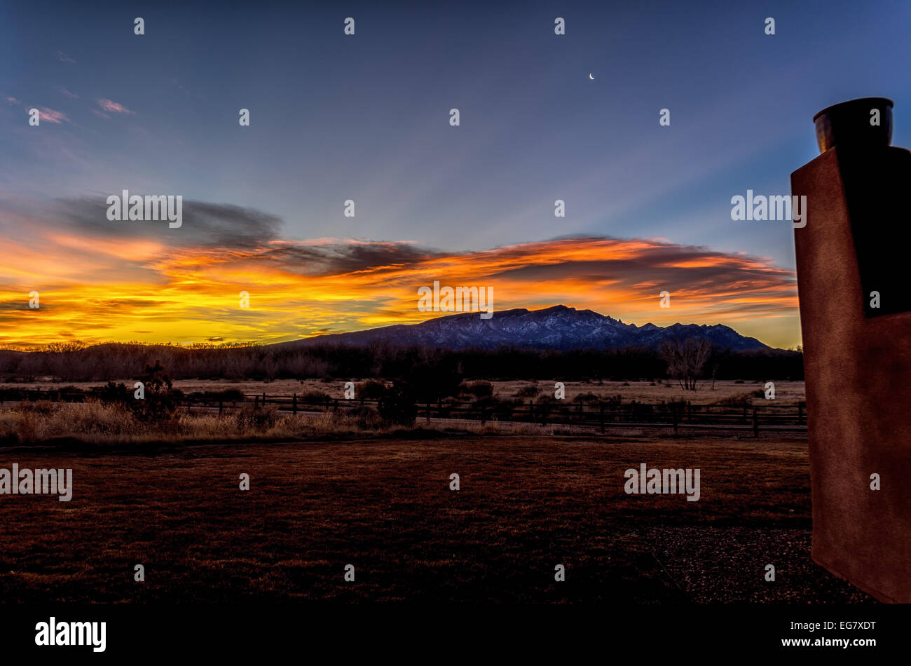Sunrise looking at the Sandia Mountains Stock Photo