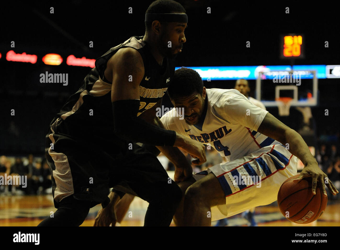 Rosemont, Illionois, USA. 18th February, 2015. Providence Friars forward LaDontae Henton (23) defends against DePaul Blue Demons forward Myke Henry (4) during the NCAA men's basketball game between the Providence Friars and the DePaul Blue Demons at the Allstate Arena in Rosemont, IL. Providence won 80-53 over DePaul. Credit:  Cal Sport Media/Alamy Live News Stock Photo