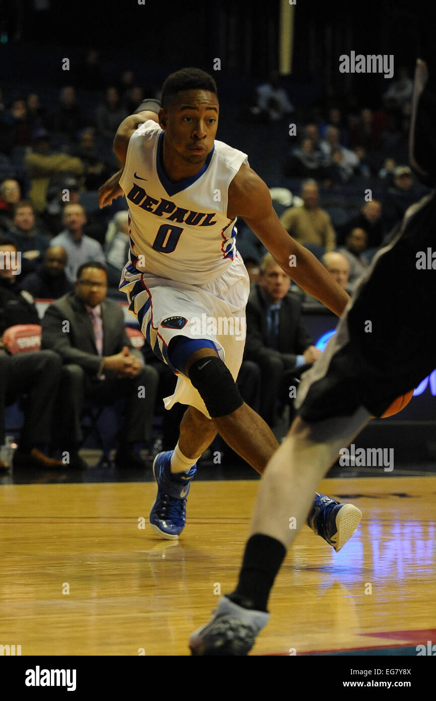 Rosemont, Illionois, USA. 18th February, 2015. DePaul Blue Demons guard R.J. Curington (0) heads toward the basket for a lay up during the NCAA men's basketball game between the Providence Friars and the DePaul Blue Demons at the Allstate Arena in Rosemont, IL. Providence won 80-53 over DePaul. Credit:  Cal Sport Media/Alamy Live News Stock Photo
