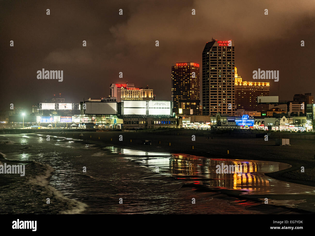 Atlantic City beach and casinos at night, New Jersey, USA Stock Photo