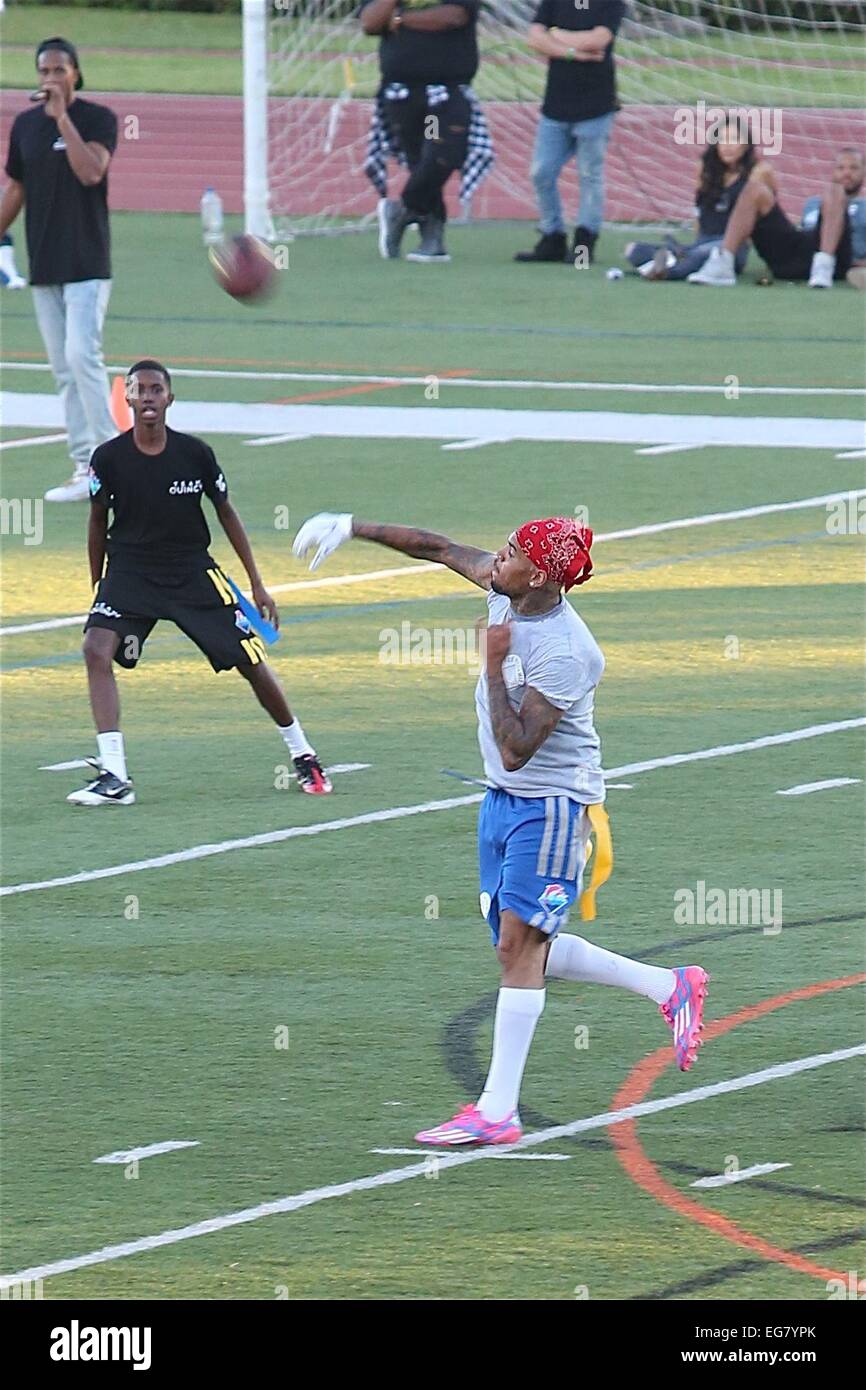 Chris Brown Charity Flag Football Game at Jack Kemp Stadium at occidental college in Los Angeles brings out Christ Brown , Omarion , The Game, Bow Wow , Terrel Owens , Featuring: Chris Brown Where: Los Angeles, California, United States When: 17 Aug 2014 Stock Photo
