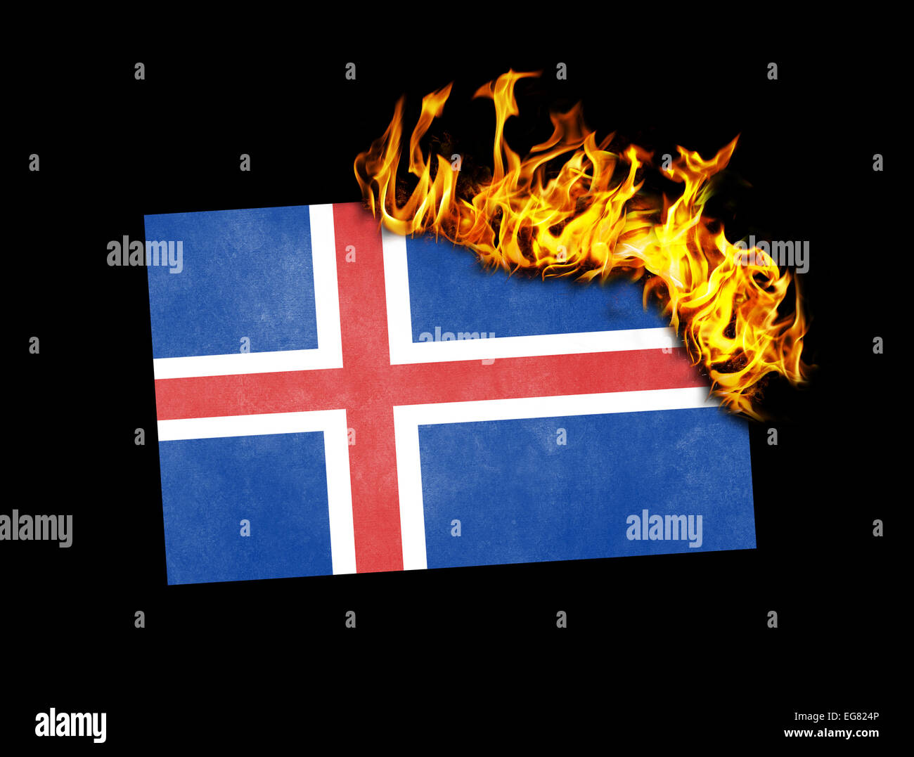 Flag burning - concept of war or crisis - Iceland Stock Photo