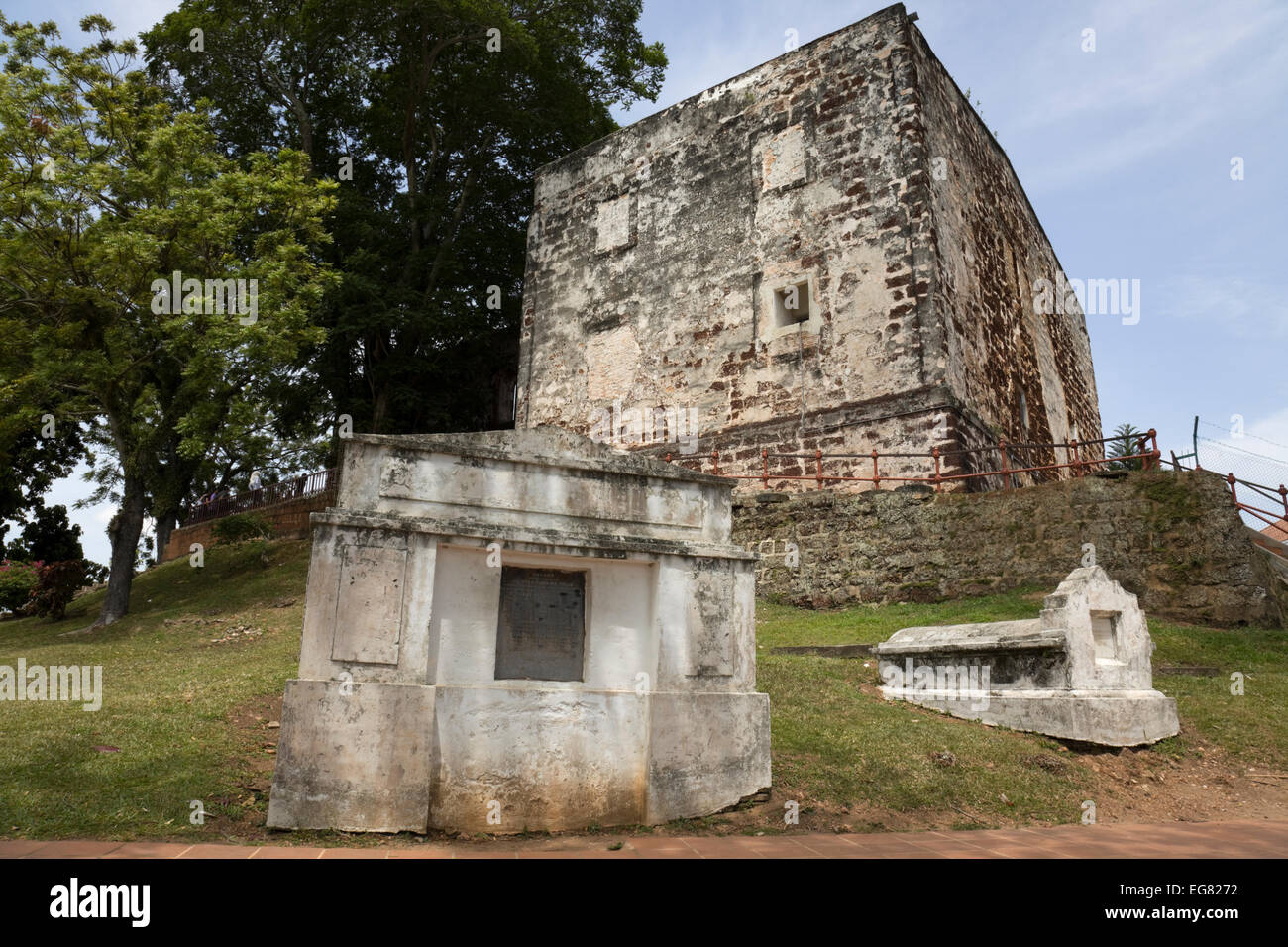 St. Paul's Church and cemetery including 18th Century Tombs in Melaka, Malaysia. Originally built in 1521, its the oldest church in South East Asia Stock Photo