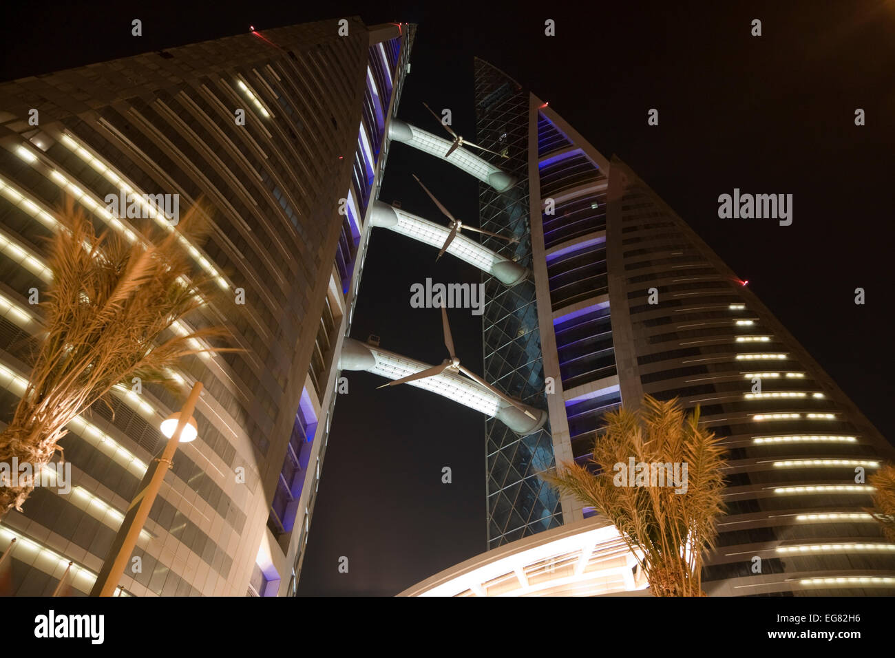 Bahrain World Trade Centre, Manama - These twin towers were the first in the world to feature integrated wind turbines Stock Photo