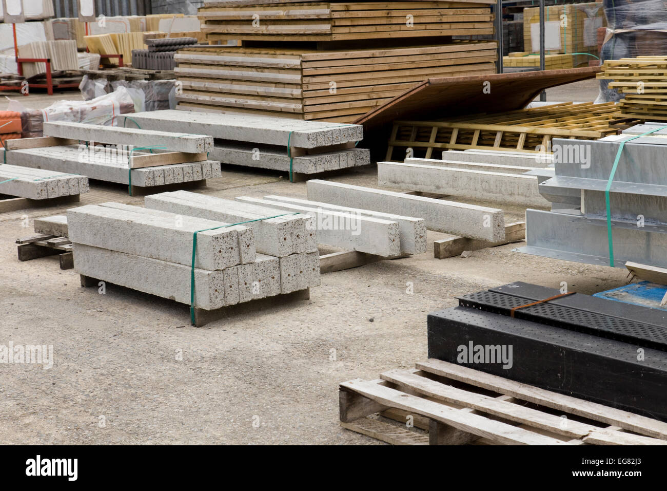 Concrete and Steel Lintels for sale at an English Builder's Yard. Stock Photo