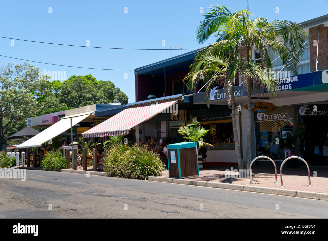 Downtown of Brunswick Heads in Australia during the summer holidays when the town is busy and crowded Stock Photo